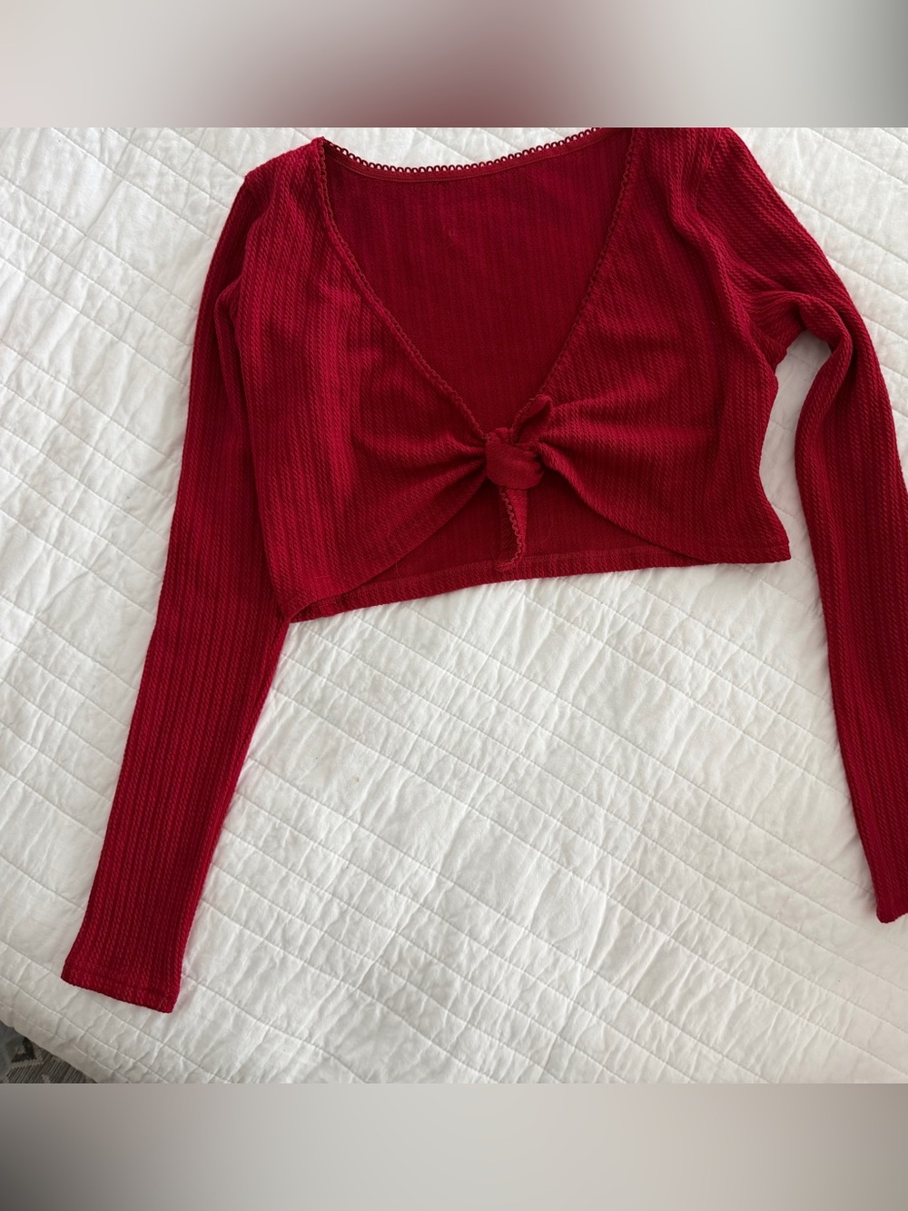 Red Cropped Cardigan with Scalloped Trim XS